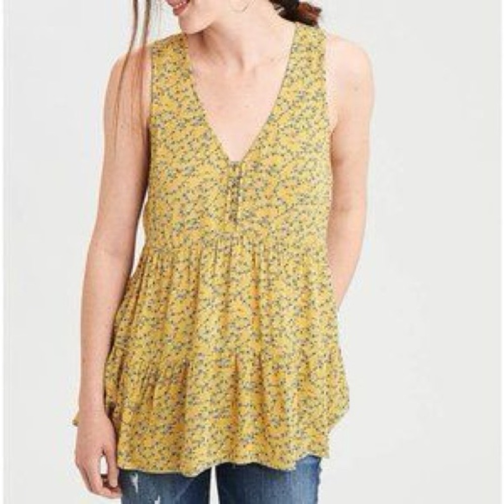 American Eagle Outfitters Yellow Floral Sleeveless Tunic